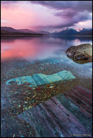 - Colorful Rocks in Lake McDonald at Sunset, Glacier NP -