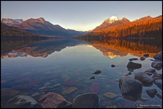 - Sunset Reflection in Bowman Lake, Glacier NP -