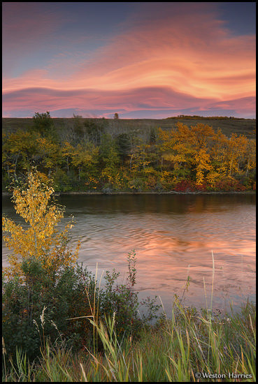 - Lenticular Clouds Above St. Mary River with Fall Colors at Sunset, Glacier NP -