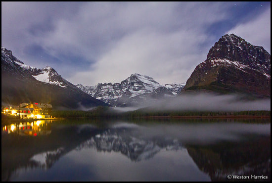 - Many Glacier Hotel and Mtns Reflected Under Moonlight, Glacier NP -