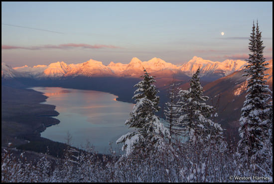 - Winter Sunset and Moonrise Over Lake McDonald, Seen From Apgar Lookout, Glacier NP -