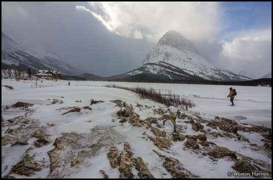 - Winter Caretaker Walking Towards Many Glacier Hotel, Below Grinnell Point, Glacier NP -