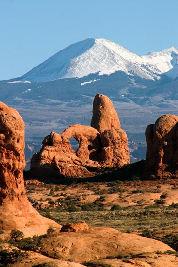- Turret Arch with the Snow Capped La Sal Mtns in the Background, Arches NP -