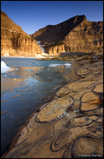- Stromatolite Fossils on the Shore of Upper Grinnell Lake at Sunrise, Glacier NP -