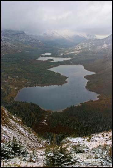 - Aerial View of Bullhead Lake in Snowy Weather, Glacier NP -