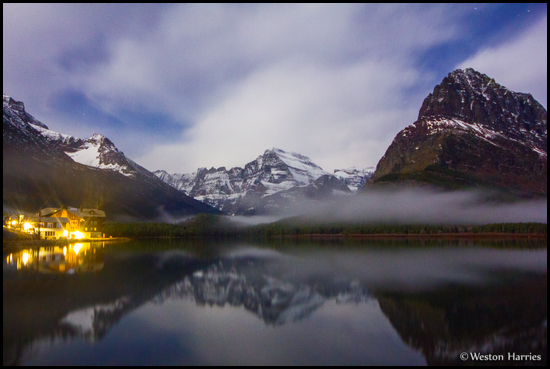 - Many Glacier Hotel, Mt. Gould, and Grinnell Pt. Reflected Under Moonlight, Glacier NP -