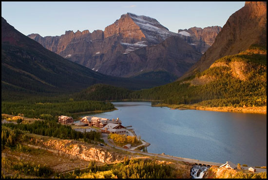 - Many Glacier Hotel and Swiftcurrent Lake Below Mt. Gould, Sunrise, Glacier NP -