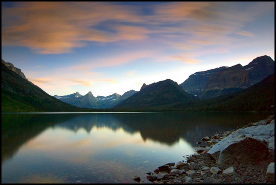 - Streaked Clouds and Several Peaks Reflected in Cosley Lake Under Moonlight, Glacier NP -