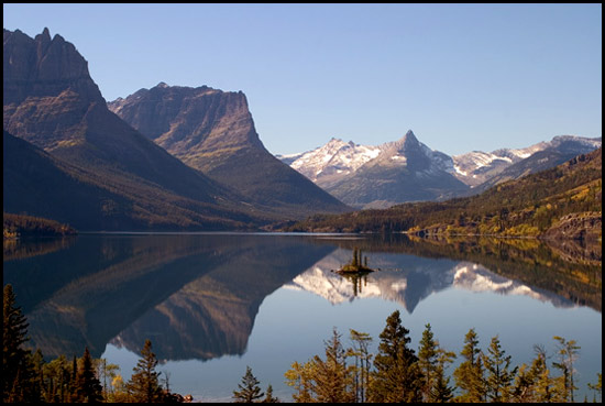 - Dusty Star Mtn, Fussilade Mtn, and Wild Goose Island Reflected in St. Mary Lake, Glacier NP -