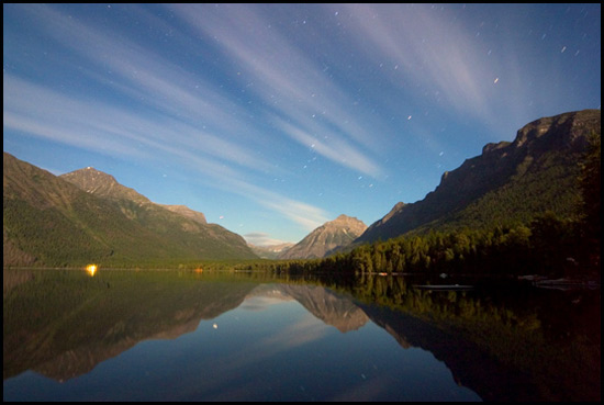 - Streaked Clouds Over Vaught, Cannon, and Brown Mtns, Reflected in Lake McDonald Under a Full Moon, Glacier NP -
