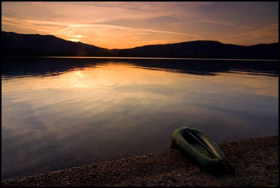 - Pack Raft on the Shore of Lake McDonald, Sunset, Glacier NP -