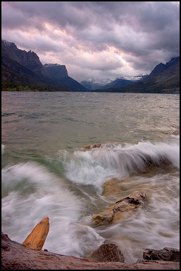 - Waves Crashing on the Shore of St. Mary Lake During a Stormy Sunset, Glacier NP -