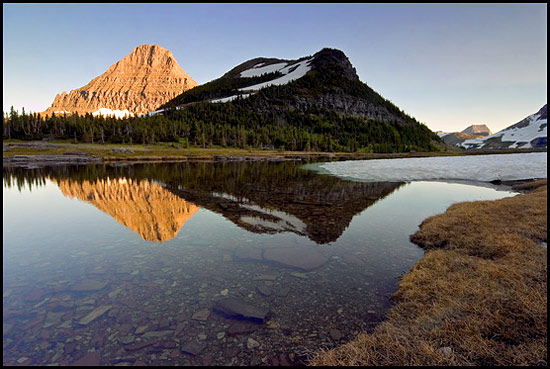 - Reynolds Mountain Reflected in a Seasonal Pond at Sunset, Glacier NP -