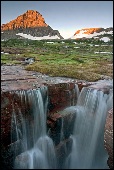 - Triple Falls Below Reynolds Mountain at Sunrise, Glacier NP -