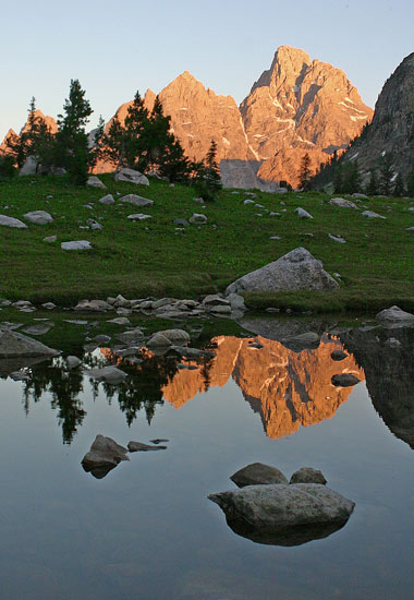 - Reflection of Mt. Owen and the Grand at Lake Solitude, Sunset, Grand Teton NP -