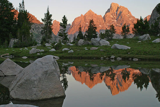 - Reflection of Mt. Owen and the Grand at Lake Solitude, Sunset, Grand Teton NP -
