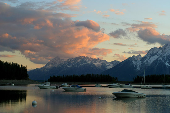 - Boats on Jackson Lake at Leeks Marina, Sunset, Grand Teton NP -
