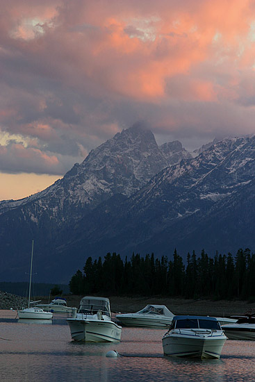 - Boats on Jackson Lake at Leeks Marina, Sunset, Grand Teton NP -