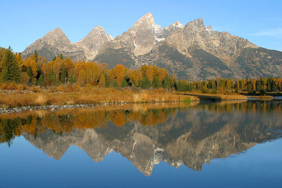 - The Teton Range Reflected in the Snake River at Schwabacher's Landing, Grand Teton NP -