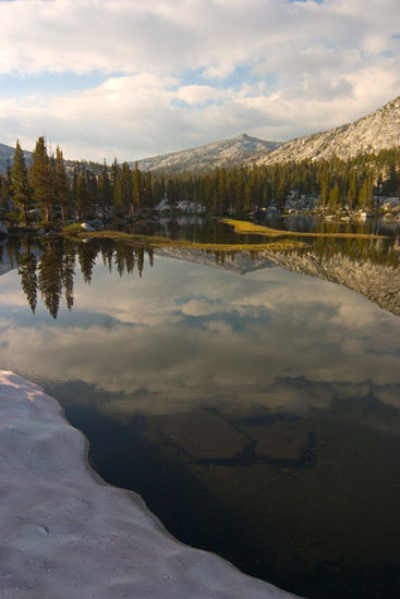 - Snowy Shoreline and a Reflective Lake in Granite Basin, Kings Canyon NP -