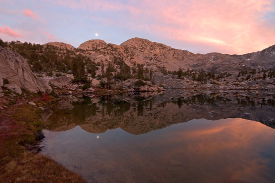 - Reflection of the Full Moon Rising Over an Unnamed Lake at Sunset, Sixty Lake Basin, Kings Canyon NP -