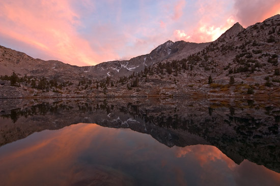 - Pink Clouds Reflected in an Unnamed Lake at Sunset, Sixty Lake Basin, Kings Canyon NP -