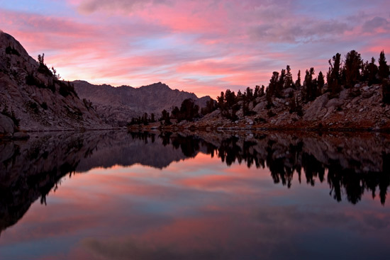 - Pink Clouds Reflected in an Unnamed Lake at Sunset, Sixty Lake Basin, Kings Canyon NP -