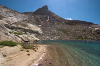 - Sandy Beach, Turquoise Water, and Mineral Peak at Upper Monarch Lake, Mineral King Area, Sequoia NP -