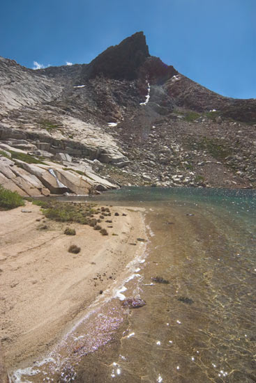 - Sandy Beach, Turquoise Water, and Mineral Peak at Upper Monarch Lake, Mineral King Area, Sequoia NP -