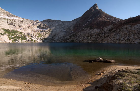 - Sandy Beach, Turquoise Water, and Mineral Peak at Upper Monarch Lake, Mineral King Area, Sequoia NP -